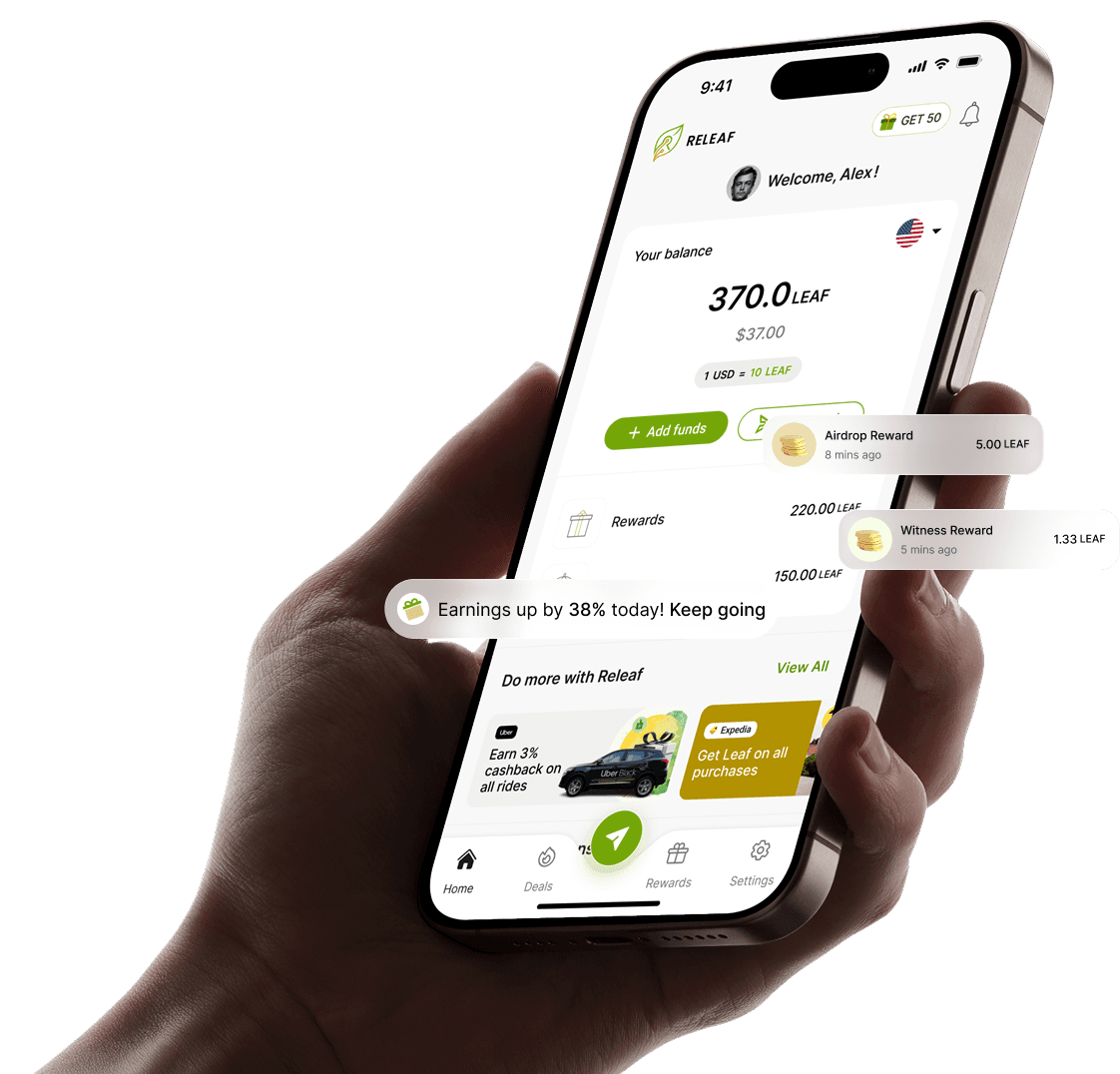 A hand holds a phone with the ReLeaf app, showing the user’s balance and earnings