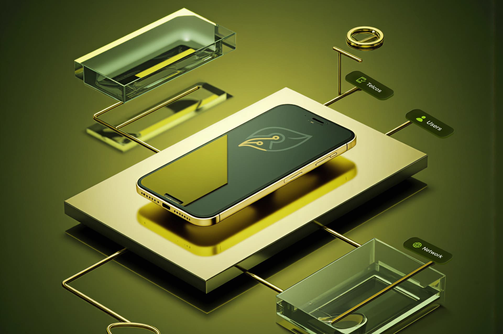 A cellphone featuring the ReLeaf logo lies on a golden table, powering the connection between Telcos, Users, and the Network
